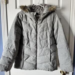 Gap Women M Faux Fur Trim Wool Puffer Winter Coat Jacket Gray